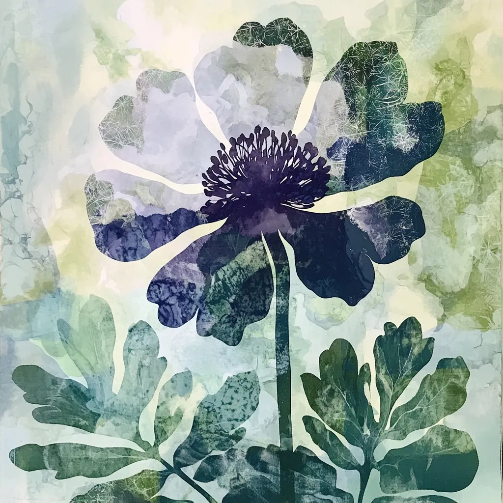 A stylized floral artwork features a large, dark-blue flower with a prominent center, rendered in a watercolor or mixed-media style.  The petals are subtly textured, and the background is a soft blend of pale greens and blues, creating a dreamy atmosphere.  Accompanying foliage in similar muted tones completes the piece, exhibiting a serene and elegant aesthetic.