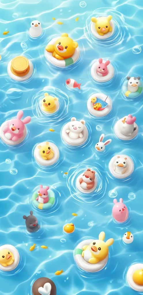 Adorable cartoon animals float on inflatable rings in a cheerful blue pool.  Ducks, bunnies, bears, and other creatures enjoy a sunny day. Small fish and floating treats add to the playful scene. The overall style is cute and whimsical, perfect for a children's illustration or a phone background.