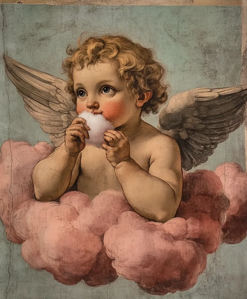 A cherubic angel, with rosy cheeks and curly blond hair, is depicted nestled within a soft, pink cloud.  The angel, possessing delicate features and large, expressive eyes, holds a small, fluffy white object to its mouth.  Large, feathered wings extend from its back, completing the celestial image. The painting style is classical, emphasizing soft textures and a gentle palette.