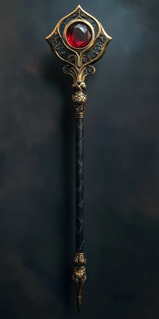 An ornate staff, predominantly black with gold detailing, stands against a dark backdrop.  The top features an intricately carved gold frame encasing a large, vibrant red gemstone.  The shaft is slender and dark, culminating in a similarly detailed gold point at the base.  The overall aesthetic suggests a magical or ceremonial object of significant power and prestige.
