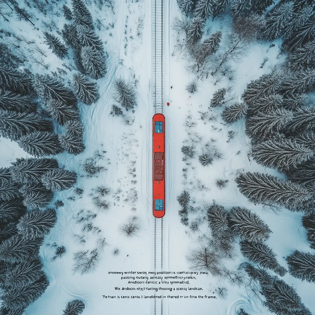 A red train travels along a snowy, snow-covered railway track, surrounded by a symmetrical winter forest. The aerial view showcases the train centrally positioned, creating a visually balanced composition.  The scene is peaceful and serene, highlighting the contrast between the vibrant red train and the white snow-covered landscape.