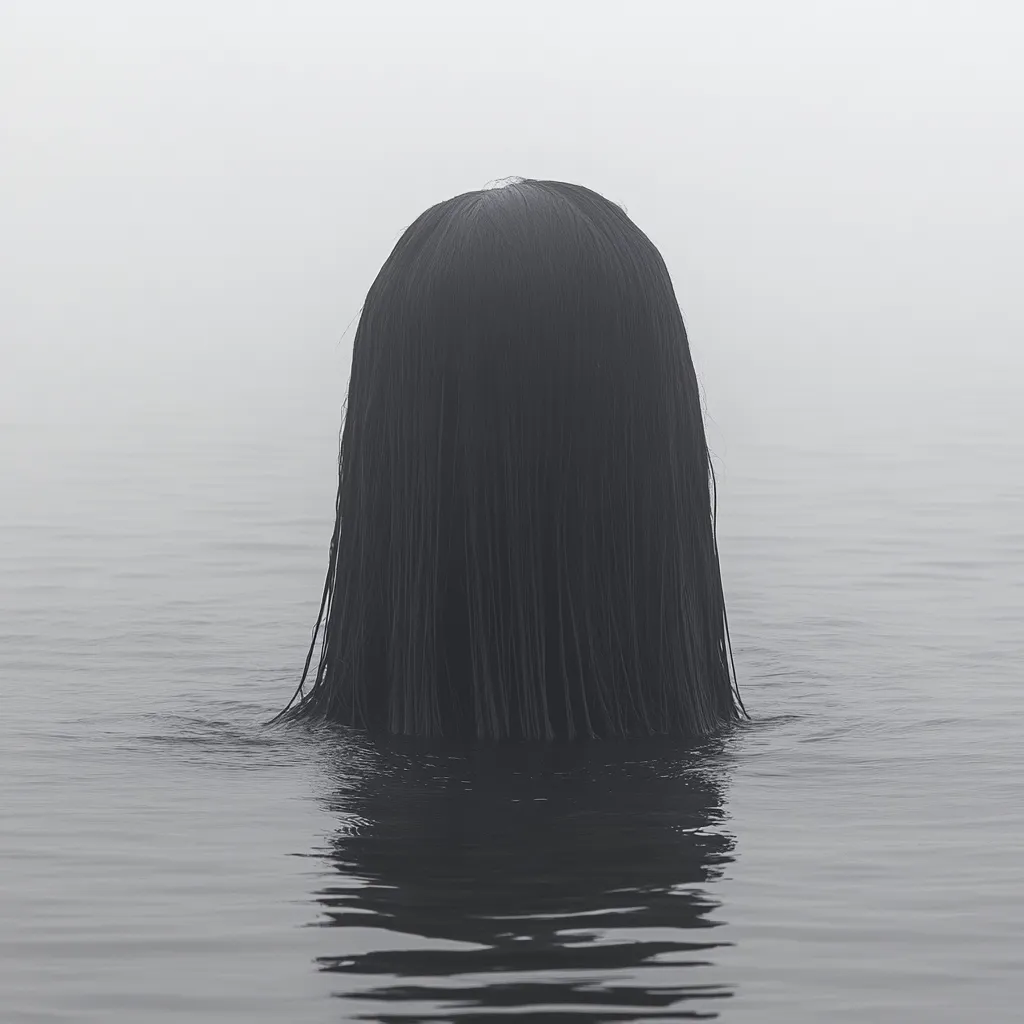 A grayscale image depicts the back of a person's head submerged in calm water, only their long, dark hair visible above the surface. The scene is shrouded in fog, creating a mysterious and slightly eerie atmosphere. The image's stark contrast and minimalist composition evoke a sense of isolation and unease.  The focus is solely on the hair and water, leaving the individual's identity and context unknown.