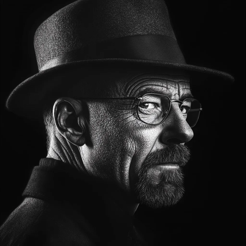 A black and white close-up portrait of a man, possibly Walter White from Breaking Bad, wearing a fedora and glasses. His face is etched with age and experience, his gaze directed to his right, hinting at contemplation or apprehension. The high contrast emphasizes the texture of his skin and the shadows cast by his hat. The overall mood is serious and intense.