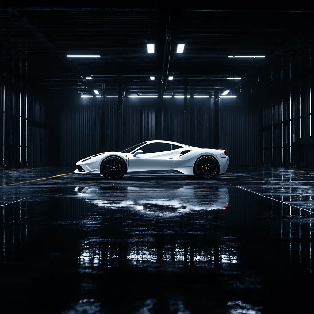 A pristine white Ferrari 488 Pista sits alone in a dark, sleek garage.  The polished floor reflects the car, creating a mirrored image.  Fluorescent lights above cast a cool glow, highlighting the car's sharp lines and aerodynamic design.  The overall atmosphere is one of luxury and solitude.