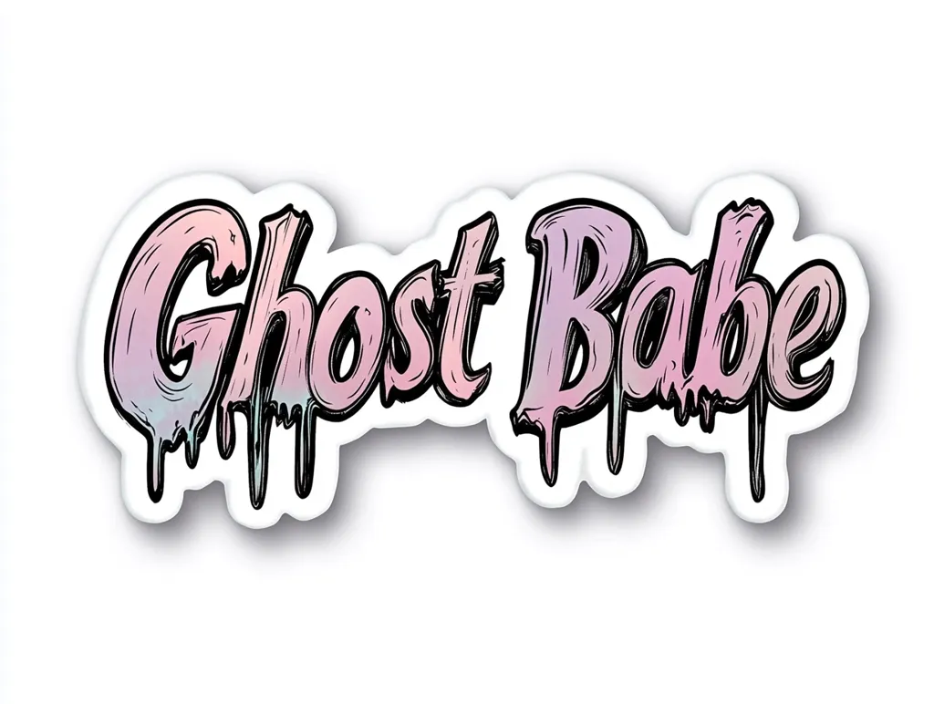 The image shows a sticker design with the words "Ghost Babe" in a stylized font.  The lettering is in a pastel pink and purple gradient, with a dripping effect at the bottom, giving a slightly spooky and whimsical vibe.  The text is outlined in black, creating a bold contrast against the soft color scheme.  The sticker appears to be on a white background.