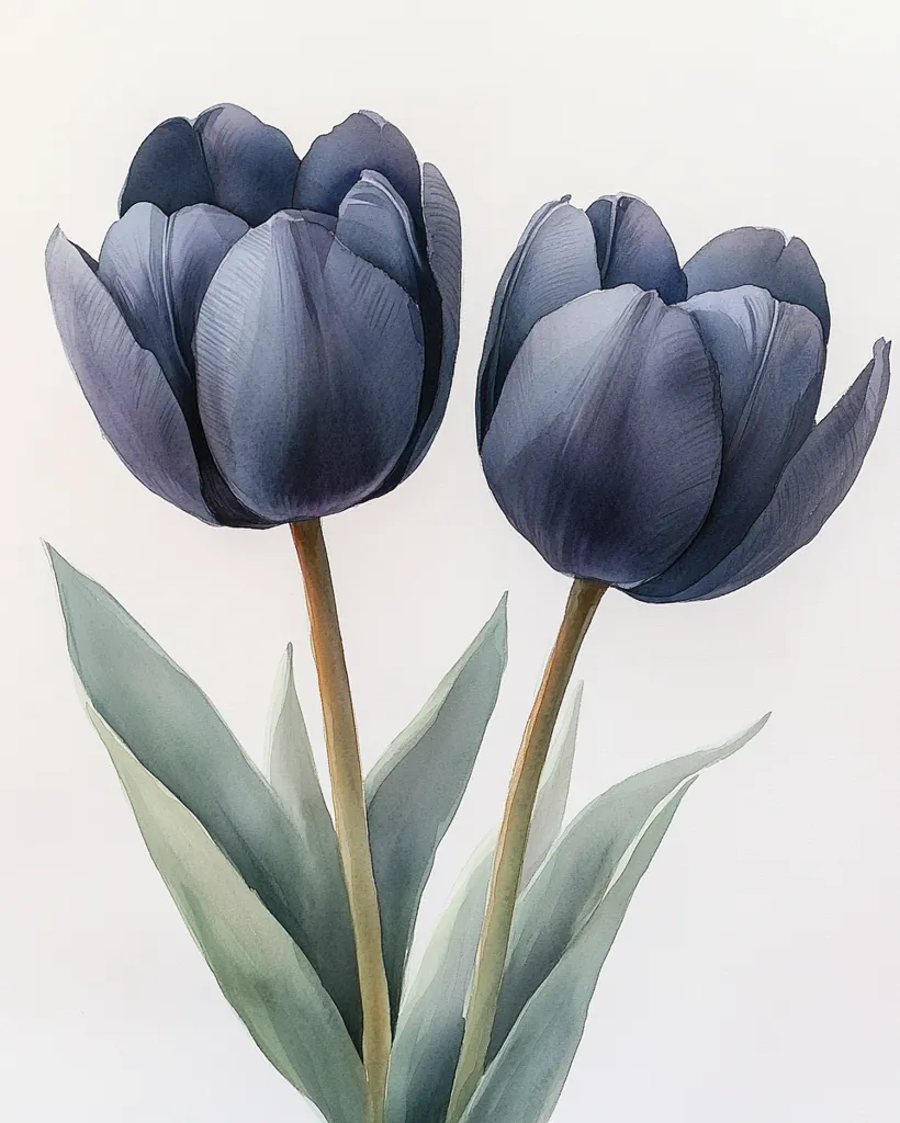A watercolor painting showcases two dark purple tulips, their velvety petals rendered with delicate shading.  The tulips' stems are a muted brown, and the leaves are a soft, muted green.  The overall composition is simple yet elegant, with the focus on the rich color and texture of the flowers against a white background. The style is realistic, capturing the subtle nuances of the blossoms.