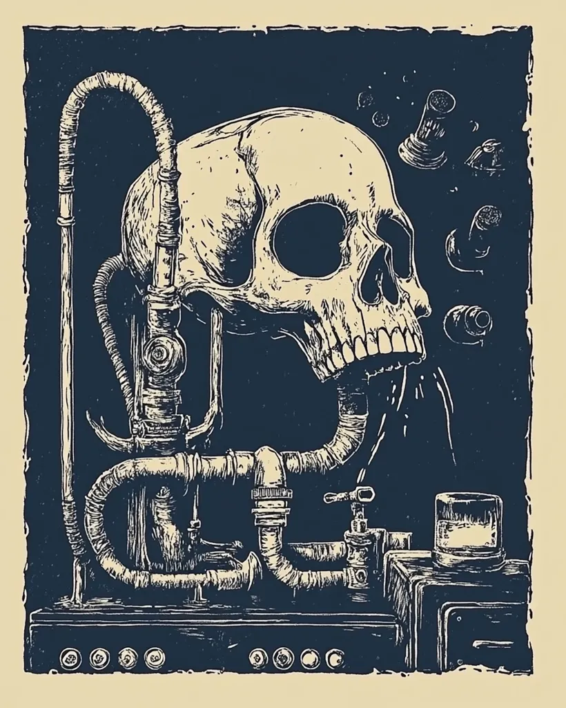 A skull is depicted in a dark, intricate linocut style illustration.  Intricate tubing and mechanical components are connected to the skull's mouth and head, suggesting a bizarre apparatus. Small objects resembling pills or capsules float around the skull.  The overall aesthetic is dark, slightly macabre, and reminiscent of steampunk or biopunk imagery.  A small glass sits on a base near the bottom. The background is a deep navy blue.