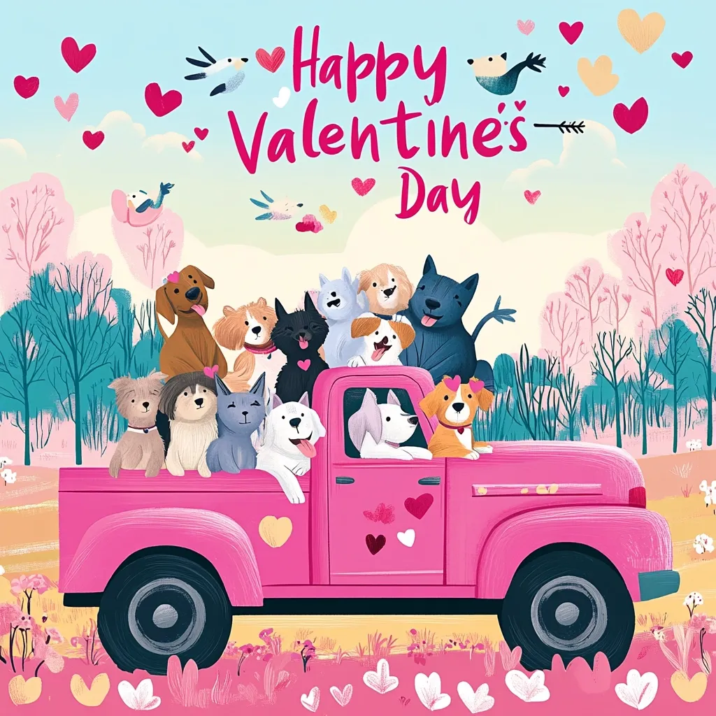 A pink pickup truck filled with adorable dogs joyfully celebrates Valentine's Day.  Surrounded by hearts and spring blossoms, the happy pups, a diverse group of breeds, ride through a whimsical landscape.  The scene is cheerful and festive, perfect for a Valentine's Day greeting.  "Happy Valentine's Day" is prominently displayed above the truck.