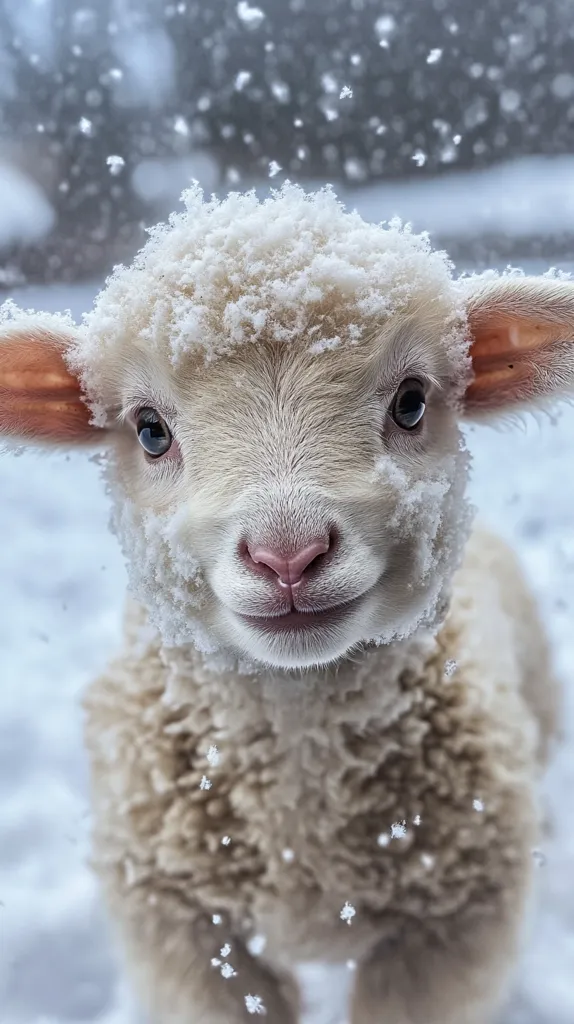 An adorable lamb, its fleece dusted with snowflakes, stands in the snow.  Its large, expressive eyes and sweet face are endearing.  Snowflakes fall gently around it, creating a charming winter scene. The lamb appears content and fluffy, a perfect picture of winter innocence.