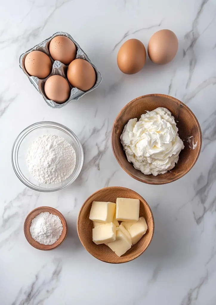 A marble surface displays baking ingredients: four eggs in a carton, two whole eggs, a bowl of flour, a bowl of baking powder, a bowl of cubed butter, and a bowl of whipped cream cheese.  The scene is bright and airy, suggesting preparation for a baking project.  The ingredients are neatly arranged, emphasizing a clean and organized workspace.
