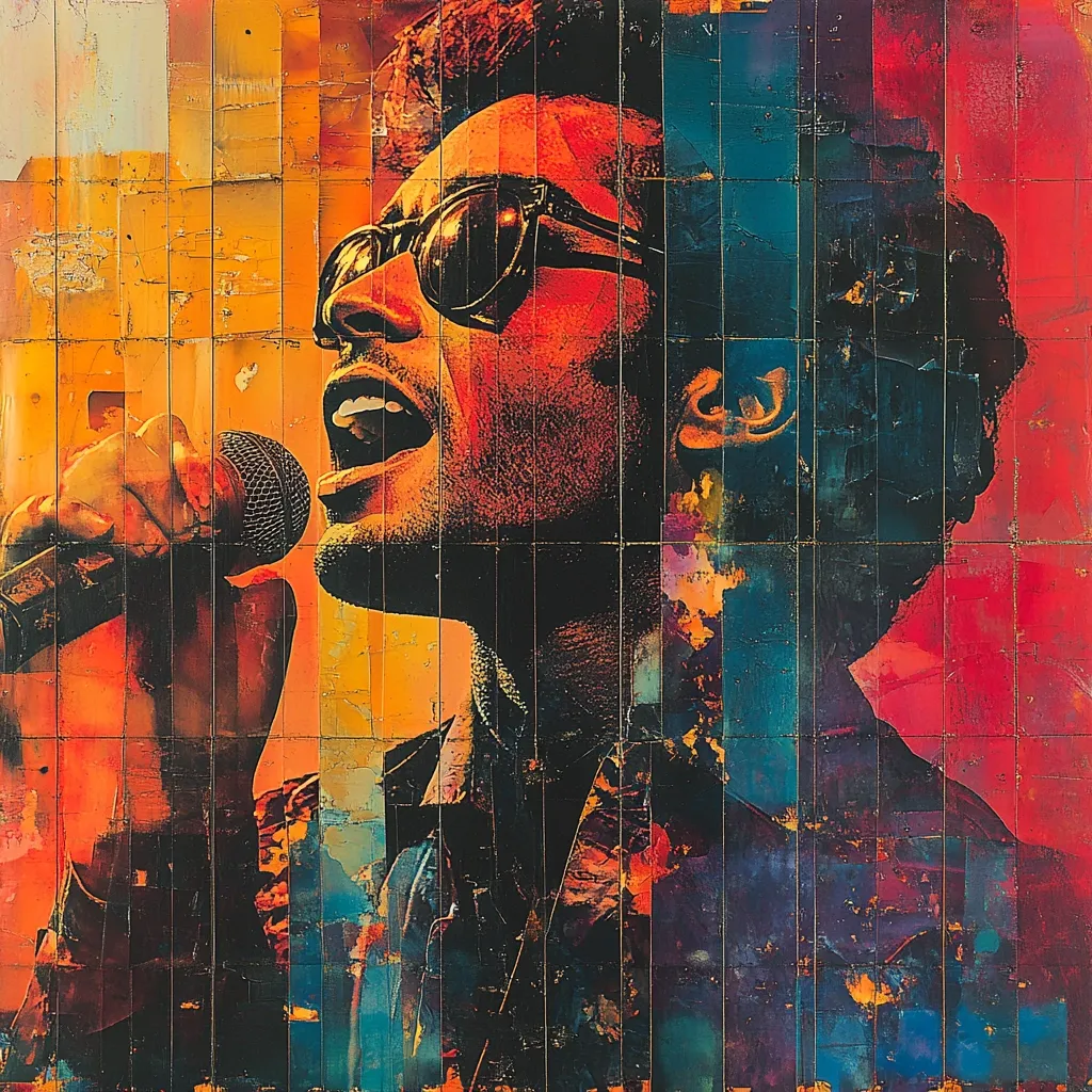 A vibrant, stylized portrait of a male singer.  The artwork is composed of bold, contrasting colors in a grid-like pattern, creating a textured, almost collage-like effect. The singer, wearing sunglasses, is depicted in profile, his mouth open as if in song, holding a microphone.  Warm oranges and reds dominate, contrasted by cooler blues and blacks. The style is expressive and dynamic, capturing the energy of performance.