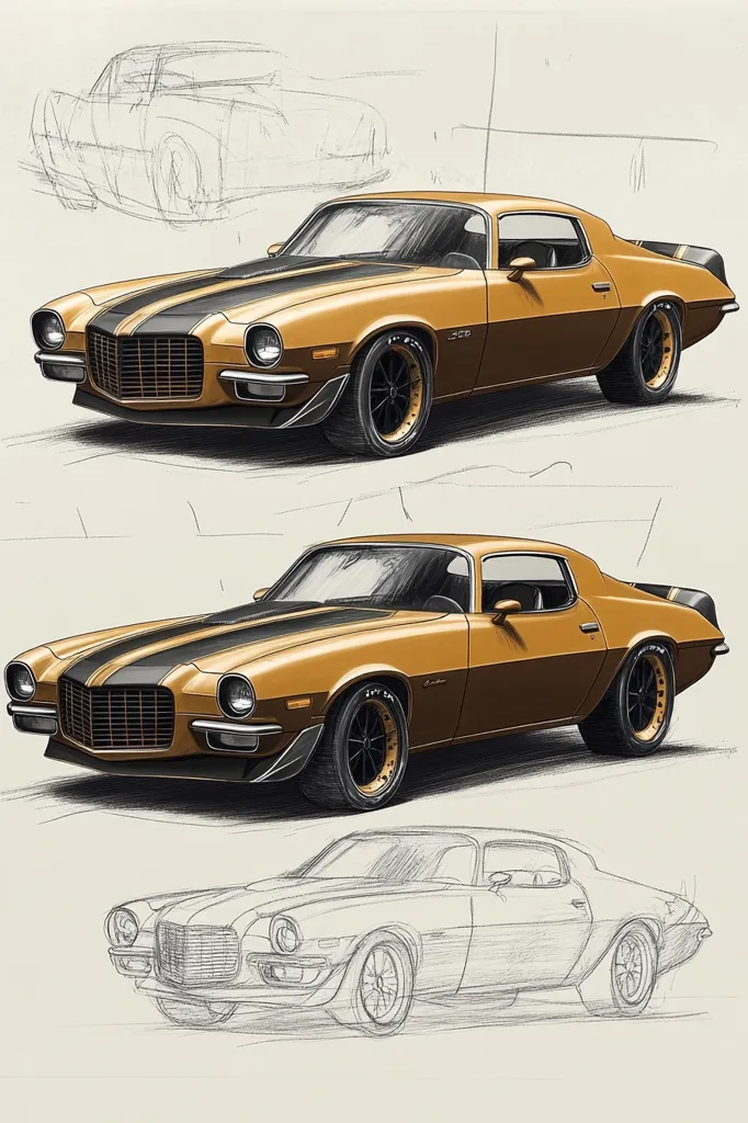The illustration showcases a meticulously rendered 1970 Chevrolet Camaro in a gold and black color scheme.  Two detailed versions of the classic muscle car are presented, along with a pencil sketch of the car's outline, illustrating the design process. The artist's attention to detail is evident in the car's features and the realistic depiction of light and shadow.  The overall style is clean and professional, highlighting the car's sleek lines.