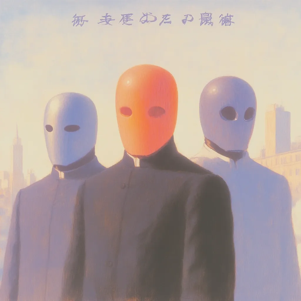 Three figures, standing shoulder to shoulder, are depicted wearing identical, dark, collared coats. Each figure's face is concealed by a mask: one is orange, one is light blue, and one is white.  The masks are simple, featureless, save for two small eyeholes. The backdrop suggests an urban cityscape at dawn.  A line of Japanese text is visible at the top.