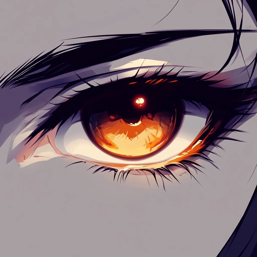 A close-up, stylized illustration showcases a captivating amber eye, rendered in vibrant hues of orange and gold.  The intricate detailing emphasizes long, dark lashes and a subtly arched eyebrow, enhancing the dramatic intensity of the gaze.  The style is reminiscent of anime or manga art, with sharp lines and a focus on expressive features.  The overall effect is one of striking beauty and mysterious allure.