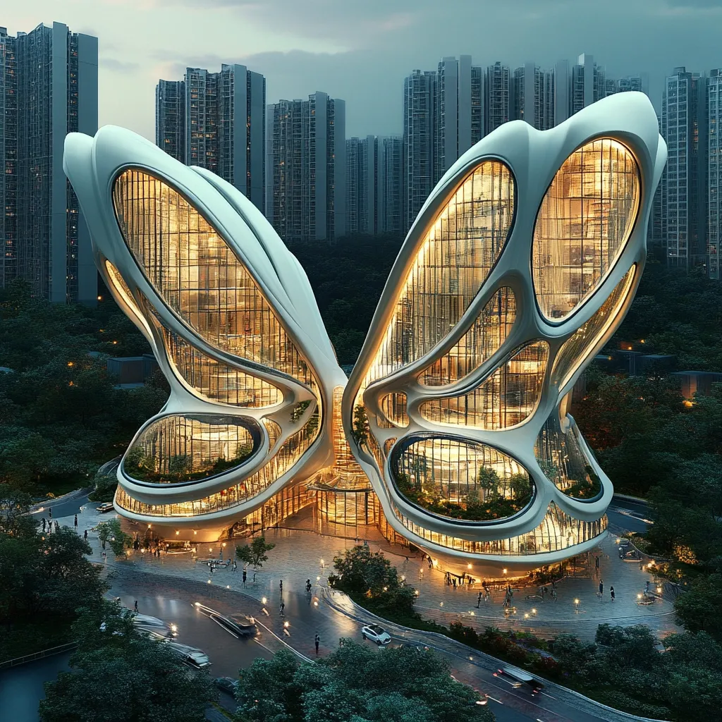 A breathtaking architectural rendering depicts a futuristic building shaped like a butterfly. Its wings, composed of intricate, flowing curves and illuminated interiors, rise majestically amidst a cityscape of towering skyscrapers.  The building's design is organic and elegant, contrasting the sharp lines of the surrounding modern architecture.  The scene is set at twilight, enhancing the building's dramatic lighting.