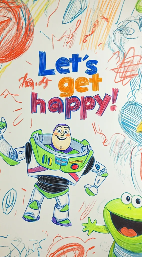 A colorful drawing features Buzz Lightyear from Toy Story in the center, surrounded by childlike scribbles and doodles.  The words "Let's get happy!" are prominently displayed in bright, hand-drawn lettering.  A green frog character is partially visible in the bottom right corner. The overall style is playful and expressive, reminiscent of a child's artwork.