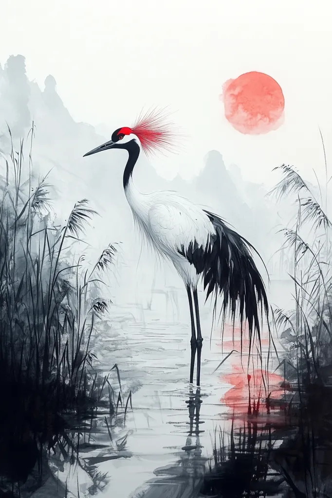 A majestic red-crowned crane stands in serene, misty water.  Its elegant form contrasts with the muted grayscale landscape of reeds and distant hills.  A soft, pinkish sun hangs in the sky, casting a subtle reflection on the water.  The artwork evokes a sense of tranquility and the beauty of nature in East Asian artistic style. The crane's vibrant red crest provides a striking focal point against the monochrome backdrop.