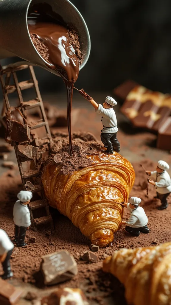 Miniature bakers decorate a giant croissant with melted chocolate.  A stream of rich, dark chocolate pours from a metal container onto the pastry, which is surrounded by cocoa powder and broken chocolate pieces.  Tiny figures, dressed as chefs, work diligently, creating a whimsical scene of chocolate indulgence.  Other croissants are visible in the foreground, adding to the decadent, artistic display.
