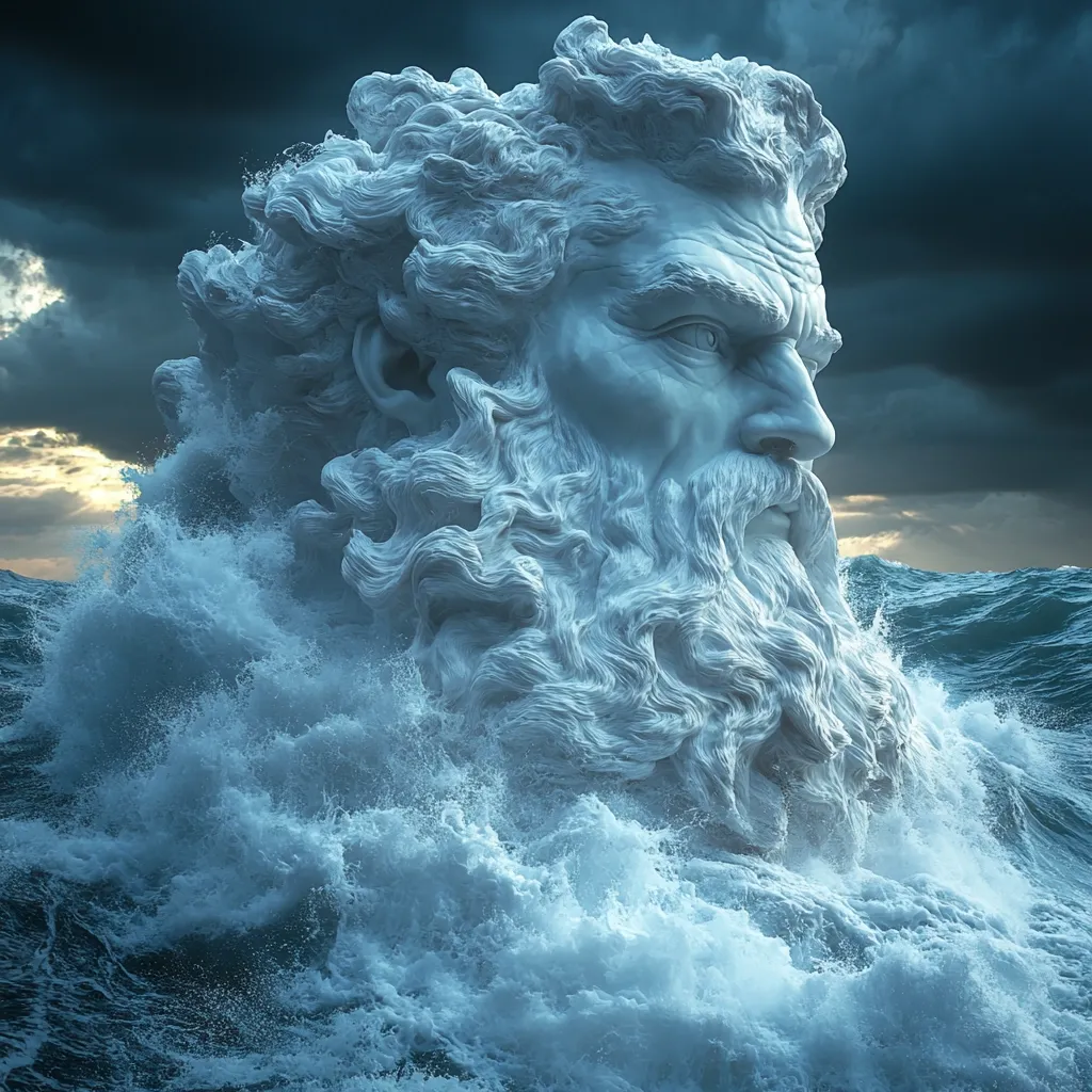 A majestic, sculpted head of a bearded god emerges from a turbulent ocean.  The stone visage, weathered and powerful, is partially submerged in churning waves, its flowing hair and beard mirroring the movement of the water.  A dramatic sky, filled with dark clouds, provides a backdrop to this scene of mythical power and raw nature.  The image evokes a sense of ancient power and the untamed force of the sea.