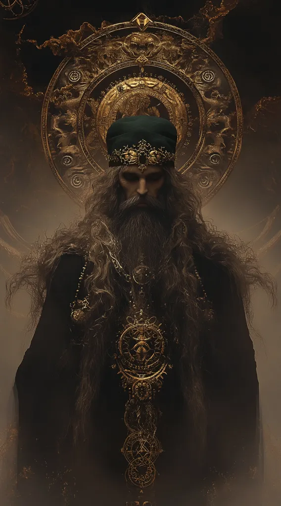 A regal, dark-haired figure, adorned in a dark robe and ornate gold jewelry, stands before a large, golden, circular design.  His long beard and serious expression convey wisdom and power. The gold detailing is intricate and suggestive of celestial or mystical themes. The overall mood is one of somber majesty and ancient power.