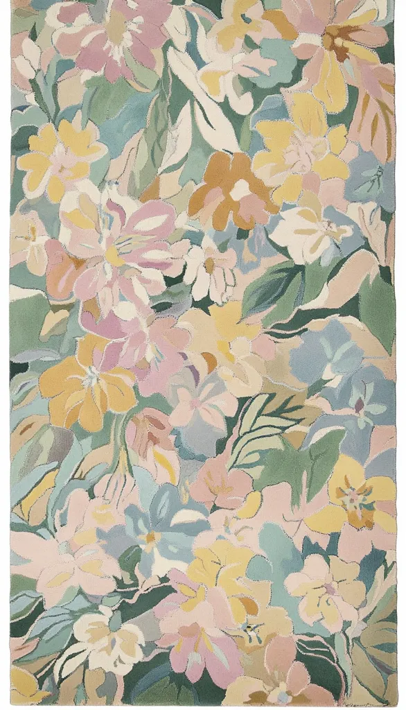 A rug features a lush, abstract floral design.  Pastel pink, yellow, and blue flowers are depicted in a painterly style, overlapping and layered to create depth. The background is a muted green, enhancing the soft, romantic feel. The overall effect is one of whimsical elegance, suitable for a variety of interior styles.