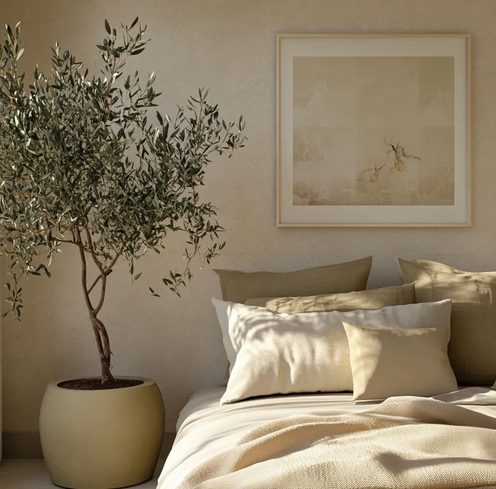 A serene bedroom scene features a large olive tree in a muted green pot, situated beside a bed dressed in calming beige linens.  Sunlight streams across the bed, casting shadows on the pillows. Above the bed hangs a minimalist framed artwork with a muted palette, completing the tranquil atmosphere. The overall aesthetic is minimalist and natural.