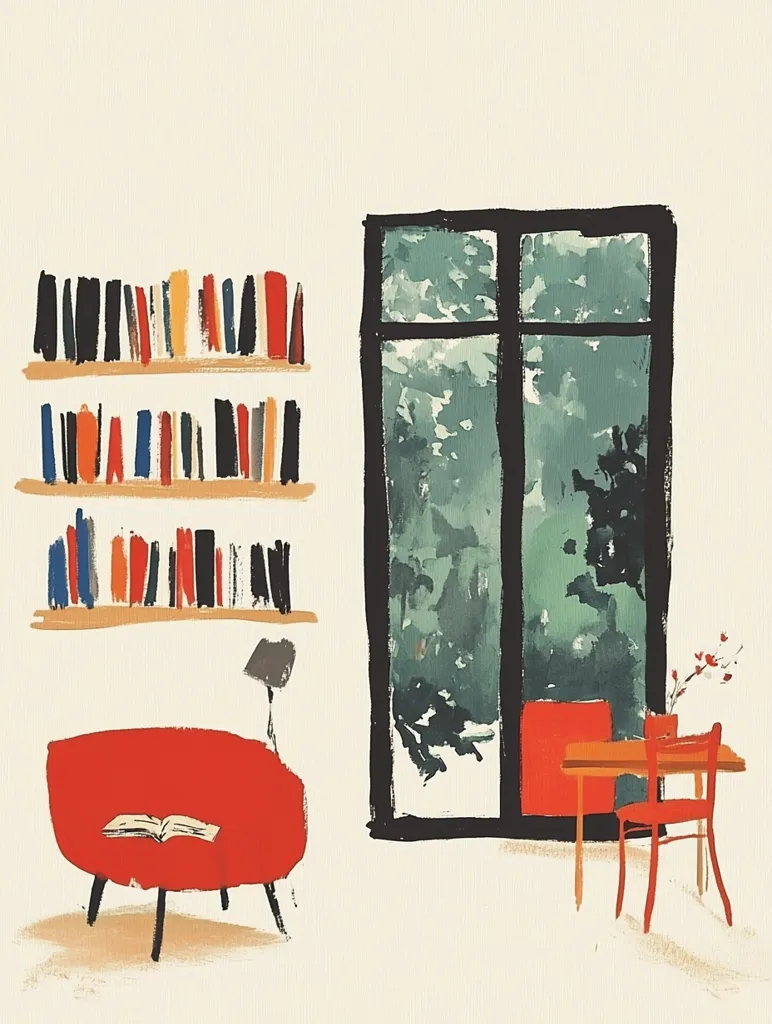 A stylized illustration depicts a cozy reading nook.  Two shelves overflowing with colorful books are mounted on a light wall. A vibrant red armchair holds an open book, and a small desk with a red chair sits near a large window offering a view of greenery. The scene is rendered in loose, expressive brushstrokes, creating a relaxed and inviting atmosphere.  A minimalist lamp stands beside the chair.