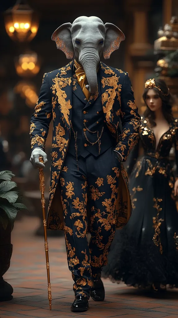 An elephant-headed figure, elegantly dressed in a dark suit adorned with gold floral embroidery, strides confidently. He carries a gold-handled cane.  A woman in a black, embellished gown walks beside him, creating a striking contrast.  The opulent background suggests a formal event or grand setting.  The image blends fantasy and high fashion.