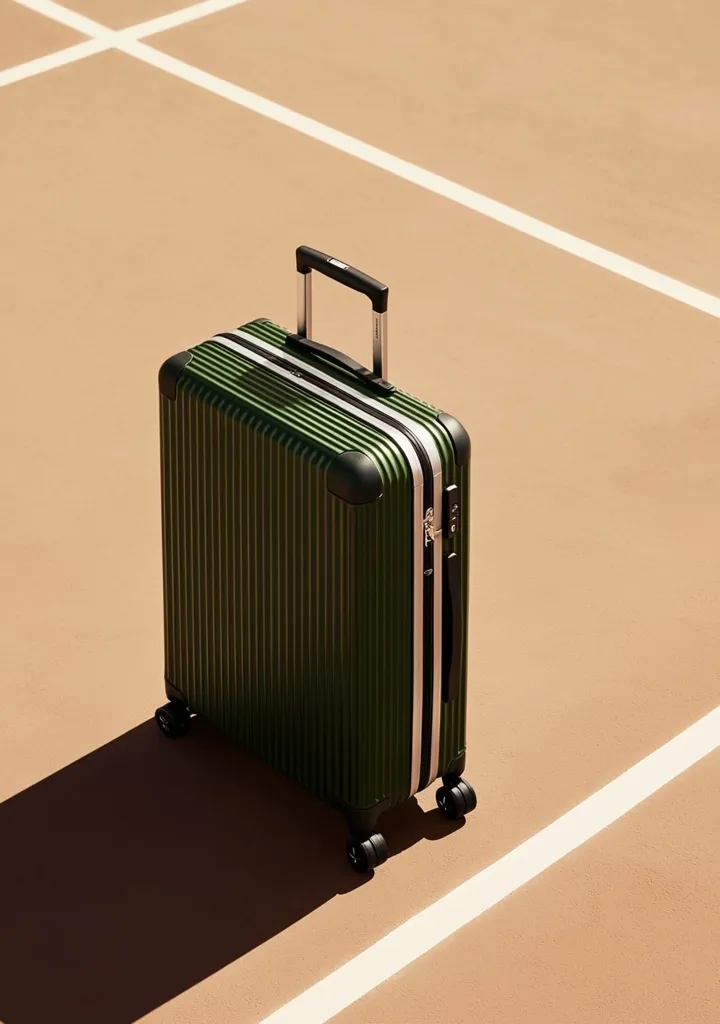 A dark olive green hard-shell suitcase sits on a light brown surface with white lines, possibly a tennis court.  The suitcase has a telescopic handle and features subtle white stripes along its sides.  It's positioned slightly angled, casting a shadow, suggesting a sunny outdoor setting.  The image emphasizes the suitcase's sleek design and upscale aesthetic.