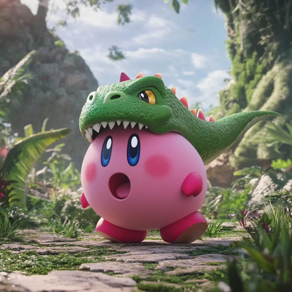 A pink Kirby character from the Nintendo game series is depicted wearing a green dinosaur head as a hat.  Kirby looks surprised and is walking on a stone path in a lush, jungle-like environment. The 3D rendered image showcases vibrant colors and detailed textures, creating a playful and whimsical scene.