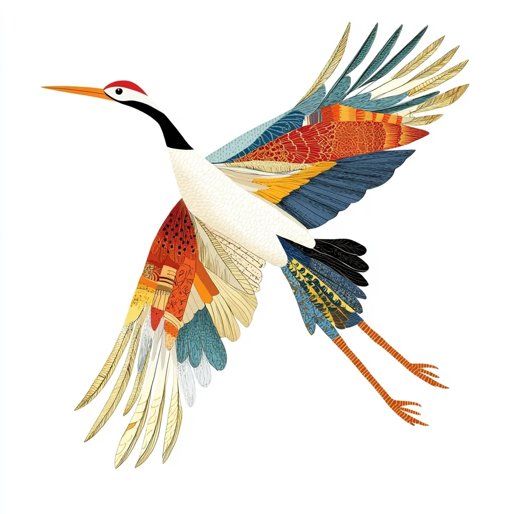 A stylized crane in flight, its wings a vibrant tapestry of colorful, intricately detailed feathers.  Reds, oranges, blues, and yellows dominate the plumage.  The bird's body is predominantly white, contrasting with the bold wing patterns.  The long legs extend towards the bottom, also showcasing a detailed, patterned design.  The overall effect is a visually striking, almost abstract depiction of a graceful bird.