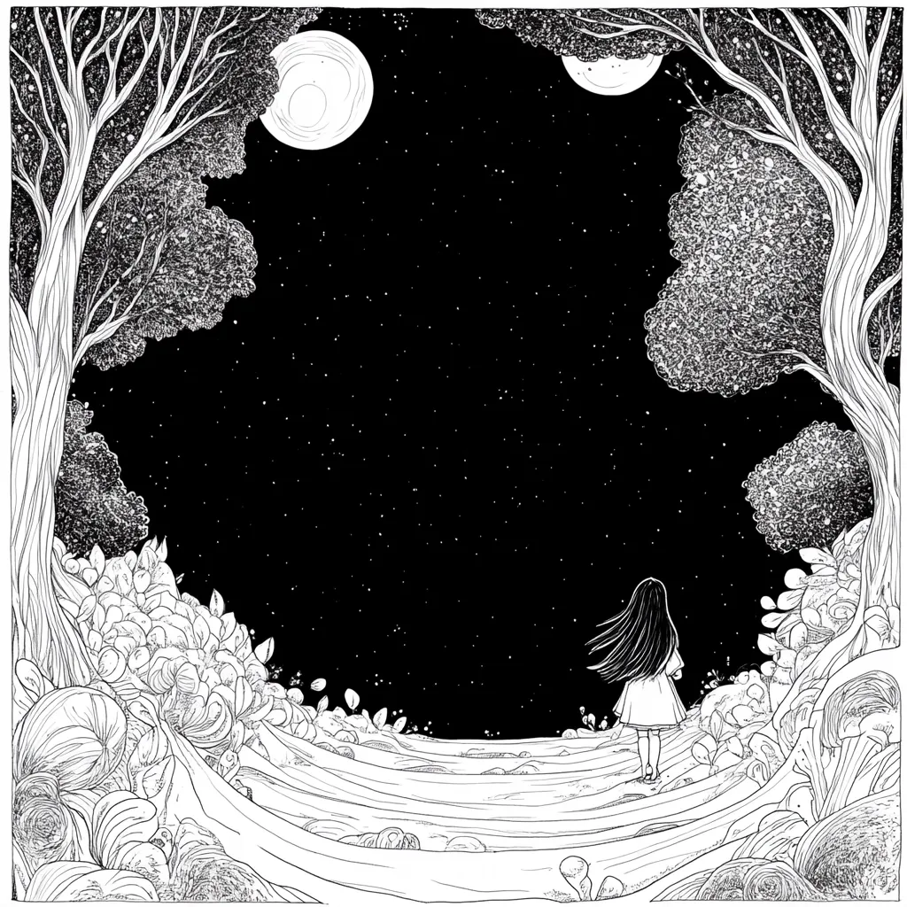 A girl with long hair stands at the end of a winding path, gazing at a night sky filled with stars and two moons.  She is framed by detailed, stylized trees and lush, ornate foliage. The scene is rendered in black and white, creating a dreamlike, whimsical atmosphere. The overall style is reminiscent of a fantasy illustration or fairytale.