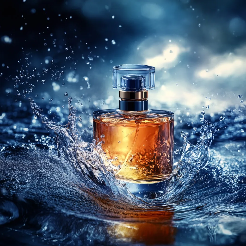 A bottle of amber-colored perfume is dramatically showcased amidst a splashing wave of water. The elegant perfume bottle, with its clear top and gold accents, is the focal point, reflecting the dynamic energy of the water. The dark blue background contrasts beautifully with the warm tones of the perfume, creating a visually striking image.  The scene evokes a sense of luxury and freshness.
