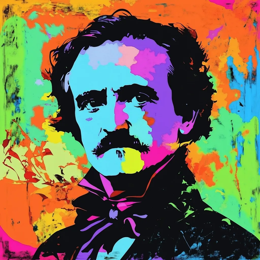 A vibrant, pop art portrait of Edgar Allan Poe.  His face is rendered in bold, contrasting colors of turquoise, pink, and yellow, set against a wildly expressive background of bright oranges, greens, and pinks. The style is bold and graphic, emphasizing the dark intensity often associated with Poe's works.  The artwork is energetic and modern, a striking reimagining of a literary icon.