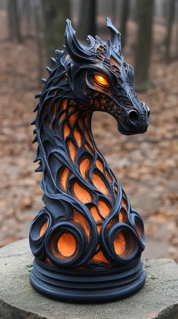 A meticulously crafted dragon head sculpture, dark grey with intricate carvings, rests on a tiered base.  Inner orange lighting illuminates the detailed design, creating a dramatic contrast. The sculpture's surface features a complex, almost organic pattern, suggesting scales or flowing patterns.  It appears to be made of resin or a similar material, showcasing high-quality detail and craftsmanship.