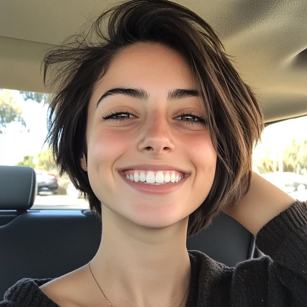 A young woman with a short, choppy brunette haircut smiles brightly at the camera.  Her skin is naturally radiant, and she has a noticeably bright, even smile. She's wearing a simple dark sweater and a delicate gold necklace. The background suggests she's sitting in a car, with a blurred-out view of a parking lot visible.  The overall image is cheerful and spontaneous.