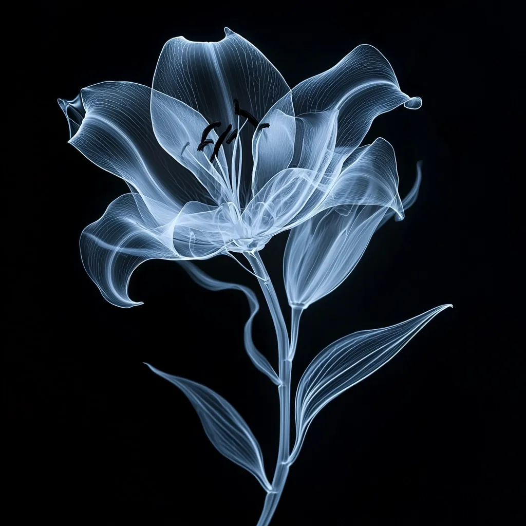 A striking image presents a lily flower rendered in a translucent, ethereal style against a stark black background.  The delicate petals and stem are depicted with fine, vein-like lines, giving the impression of an X-ray or a ghostly apparition. The dark background enhances the luminous quality of the flower, creating a captivating contrast. The overall effect is one of delicate beauty and subtle mystery.