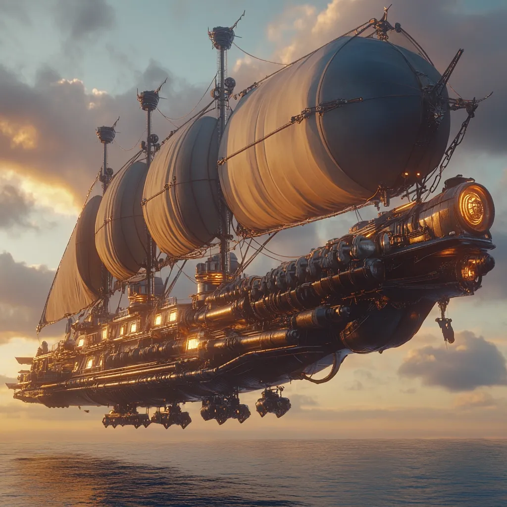 A majestic steampunk airship sails across a tranquil ocean at sunset.  Its large, sail-like balloons and intricate, mechanized hull gleam with warm light.  The vessel boasts multiple masts and a long, detailed engine section, hinting at both elegance and powerful engineering.  It evokes a sense of adventure and a fantastical world blending technology and sailing.
