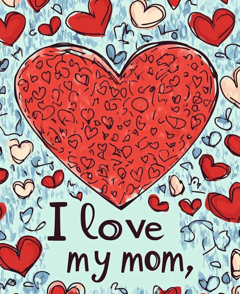 A large red heart, filled with smaller hearts and scribbles, dominates a light blue background scattered with more hearts in various shades of red and cream.  The words "I love my mom" are prominently displayed beneath the central heart.  The overall style is whimsical and hand-drawn, creating a heartfelt Mother's Day or loving tribute message.