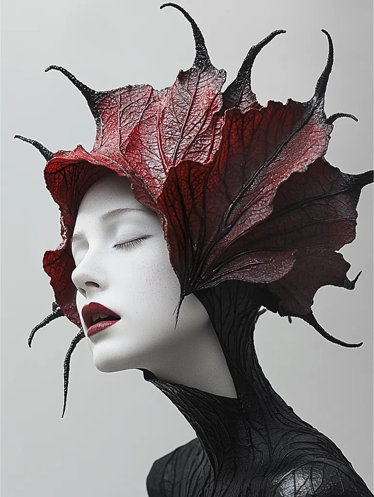 A woman's face is partially obscured by an elaborate headdress crafted from dark red, leaf-like structures with black, spiky accents. The headdress extends down her neck, flowing into a black, textured collar. Her face is pale, with closed eyes and dark red lips, creating a striking contrast against the headdress.  The overall style is dark, artistic, and evocative of nature, possibly fantasy or surrealism.