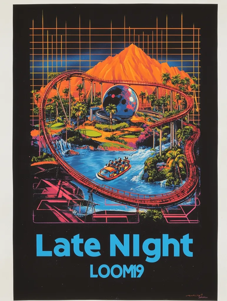 A vibrant, neon-colored poster titled "Late Night LOOM19" depicts a futuristic amusement park scene. A roller coaster winds through a tropical landscape featuring a volcano, palm trees, a large disco ball, and a river ride.  The design incorporates a grid overlay, suggesting a retro-futuristic or 80s aesthetic. The overall effect is energetic and playful.