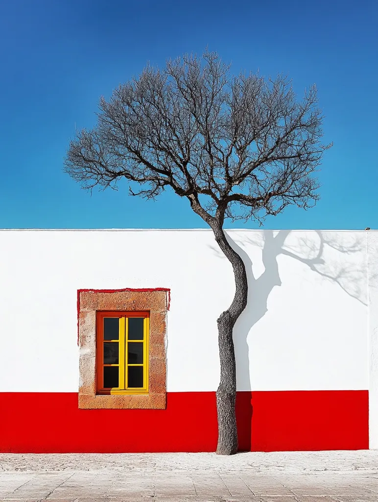 A stark, minimalist scene features a bare tree leaning against a white wall with a bold red base.  A single, bright yellow window is set within a stone frame on the white section. The tree's shadow is cast prominently on the wall, contrasting against the vivid colors and clean lines of the architecture. The bright blue sky forms a simple yet striking backdrop.