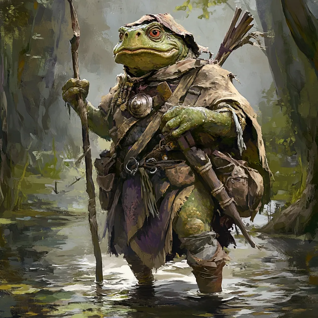 A large, anthropomorphic toad wearing a tattered cloak and carrying a staff and quiver of arrows wades through murky swamp water.  Its weathered attire suggests a traveler or hermit. The toad's expression is serious and alert, hinting at a journey through a challenging, possibly dangerous environment.  The overall style is painterly and evokes a fantasy setting.