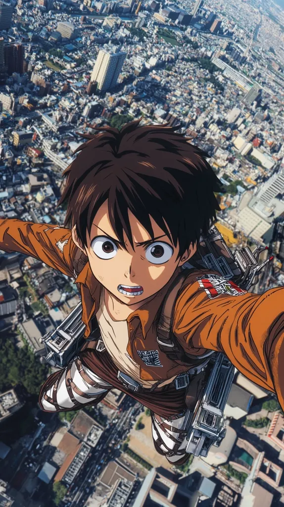 A stylized anime character, possibly from Attack on Titan, is depicted in a dynamic, high-angle shot.  The character, with brown hair and intense eyes, wears a distinctive orange and brown uniform with gear, suggesting they are in mid-air above a sprawling city.  The city's dense buildings and streets are visible below, creating a striking contrast with the anime figure. The image has a vibrant color palette and a highly detailed rendering style.