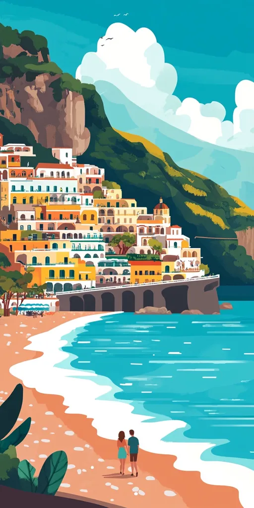 A vibrant illustration depicts a picturesque coastal town nestled against a verdant cliffside.  Colorful buildings cascade down the slope towards a tranquil beach where a couple strolls hand-in-hand.  The turquoise sea gently laps the shore, under a bright sky dotted with fluffy white clouds.  The scene exudes a sense of idyllic vacation charm.