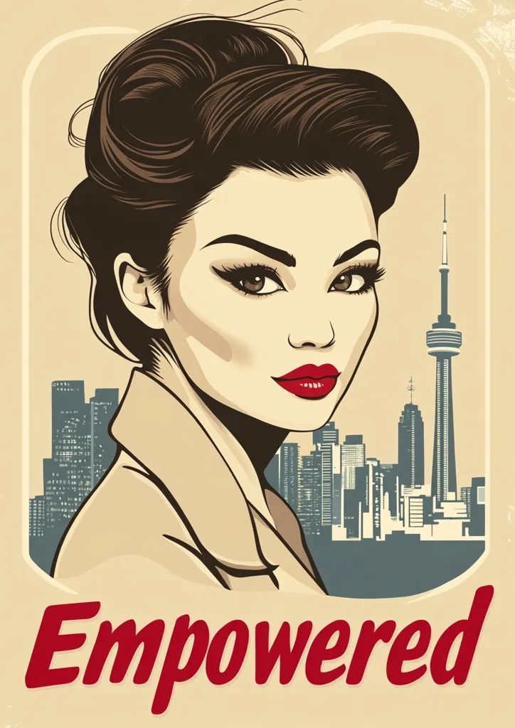 A stylized illustration of an empowered woman with a sophisticated updo, wearing a beige coat, is set against the backdrop of a cityscape featuring the Toronto skyline.  The word "Empowered" is prominently displayed in bold red lettering at the bottom. The vintage-inspired art style evokes a feeling of strength and confidence. The image suggests a modern, independent woman in a vibrant urban setting.