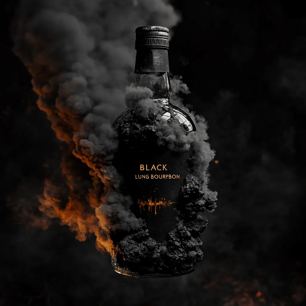 A dark and dramatic image showcases a bottle of "Black Lung Bourbon."  The bottle is shrouded in thick, black smoke, with hints of orange fire visible beneath.  The smoke obscures much of the bottle, creating a mysterious and intense visual effect.  The label is visible, clearly displaying the brand name against the smoky background. The overall mood is dark, gritty, and evocative.