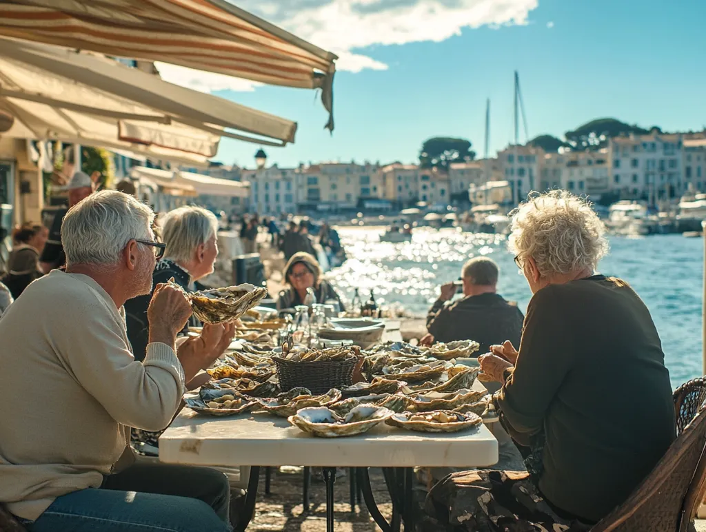 A group of older adults enjoys a seaside lunch of fresh oysters at an outdoor restaurant.  The idyllic setting features a charming harbor town backdrop, sunny skies, and a lively atmosphere.  They are seated at a table laden with plates of oysters, enjoying their meal and the picturesque view. The scene exudes a sense of relaxation and enjoyment.