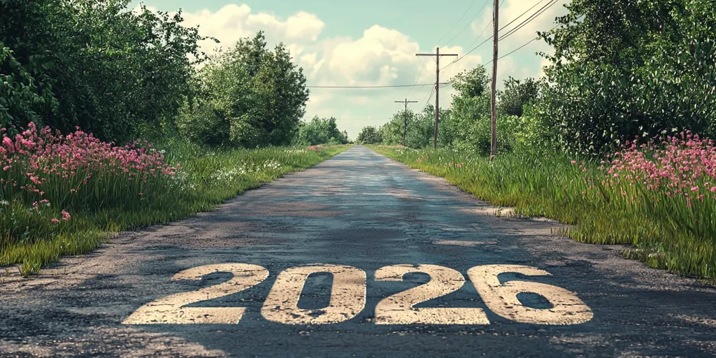 A long, rural road stretches into the distance, lined with lush green vegetation and wildflowers.  The year 2026 is painted on the asphalt, suggesting a journey into the future.  Power lines run alongside, hinting at the connection between nature and technology. The overall scene evokes a sense of anticipation and the passage of time.