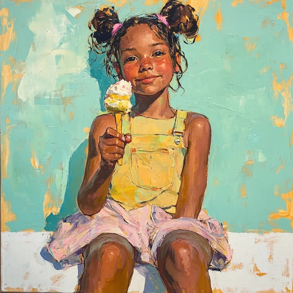 A young girl with dark skin and hair styled in two buns sits against a teal wall, holding a cone of ice cream.  She wears a yellow sleeveless overall dress and a pale pink skirt.  The painting style is loose and expressive, with visible brushstrokes, capturing a warm and sunny atmosphere. The girl's expression is serene and content.